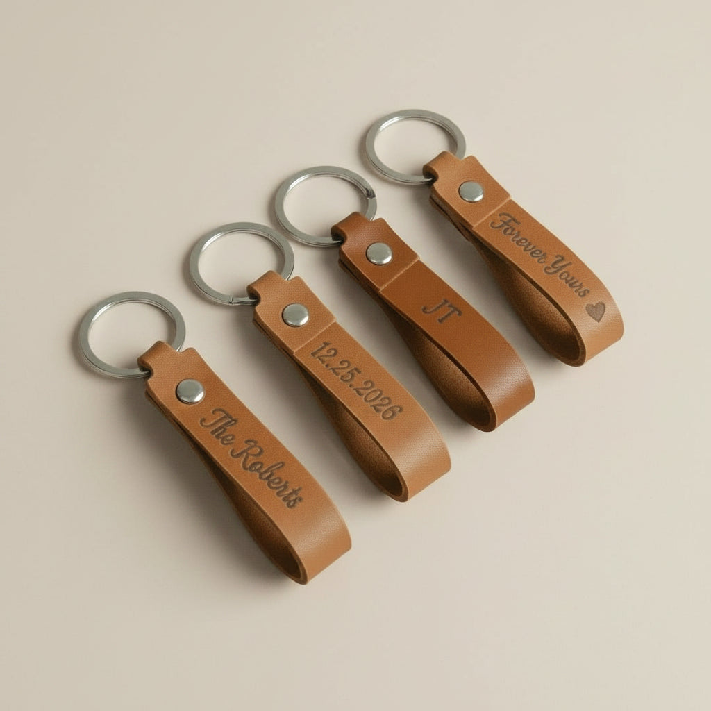 Engraved Brown Leather Keychain