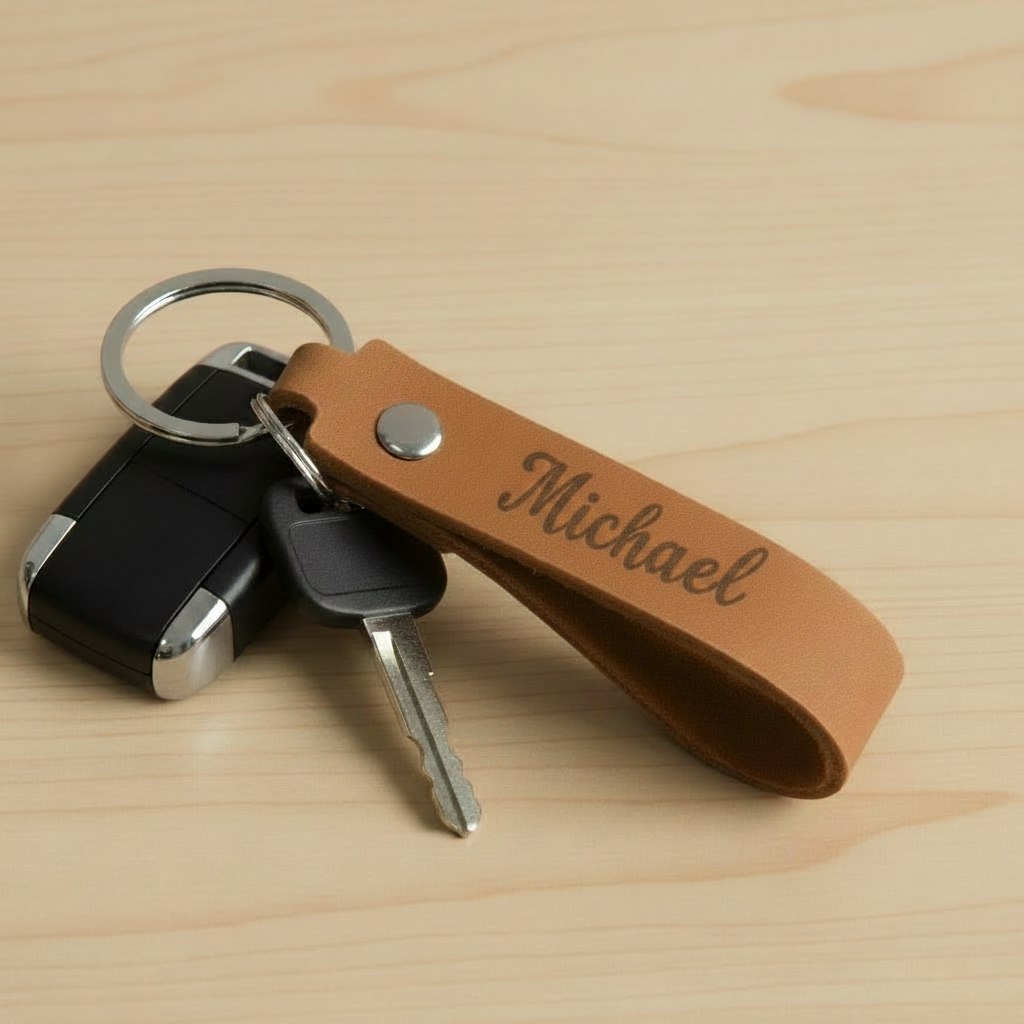Engraved Brown Leather Keychain