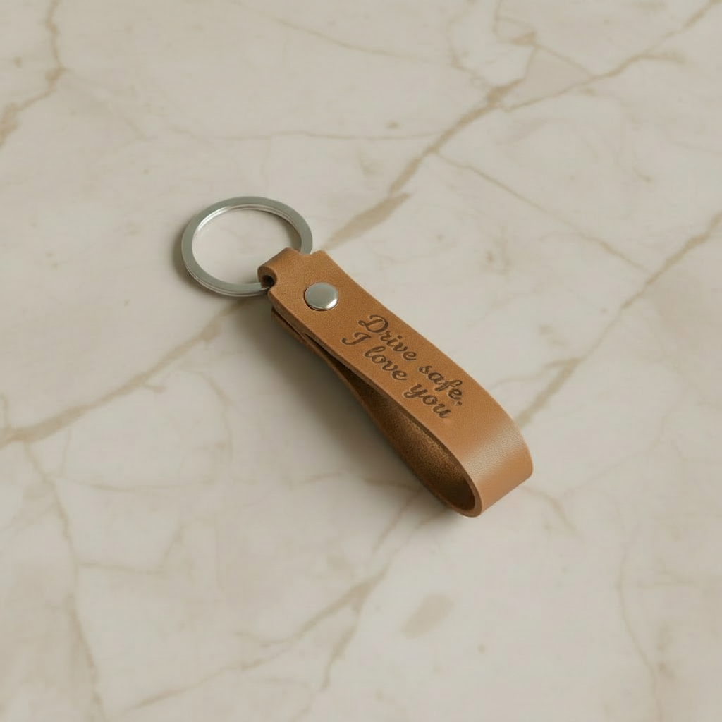 Engraved Brown Leather Keychain